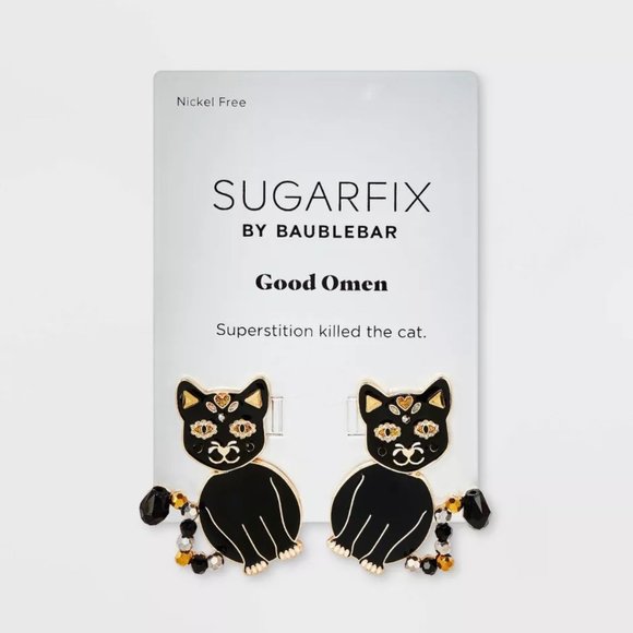 NWT SUGARFIX by BaubleBar Black Cat Good Omen Statement Halloween Earrings Fall - Picture 1 of 6